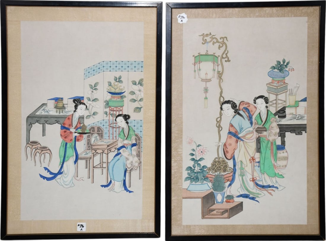 Pair of Chinese Watercolors- Ladies in Interior, 28-1/2 x 18-1/2 inches. (1 of 4)