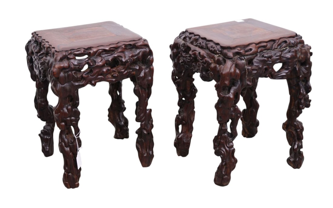 Pair Chinese Heavily Carved Side Tables/Stands, 19"H x 13"square (1 of 5)