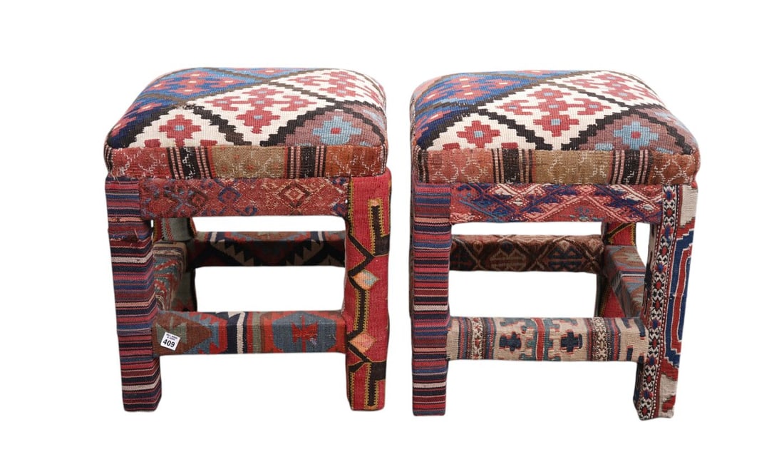 Pair Navajo Rug Covered Footstools, 20"h x 17"square (1 of 7)