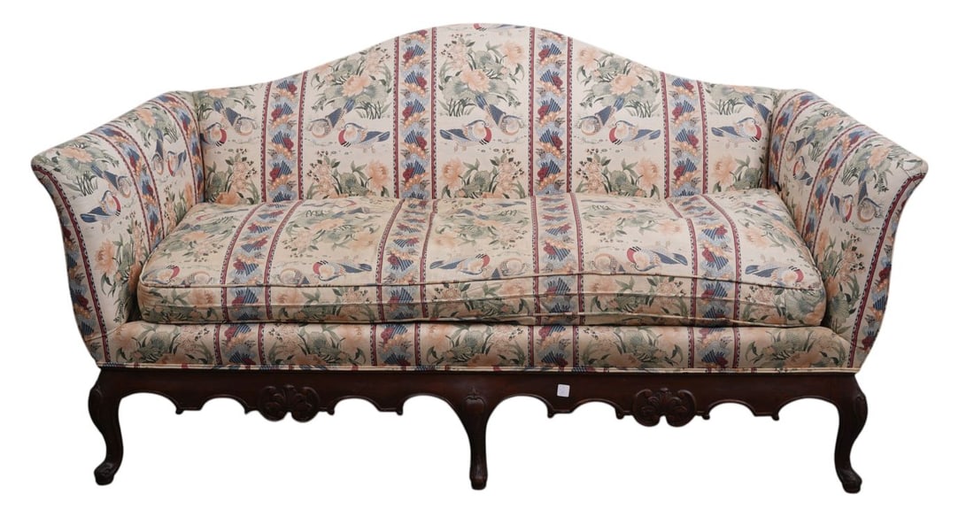 Camel Back Sofa, Carved Mahogany Frame with 5 Legs, 38"h x 75"w x 23"d (upholstery fair condition) (1 of 3)