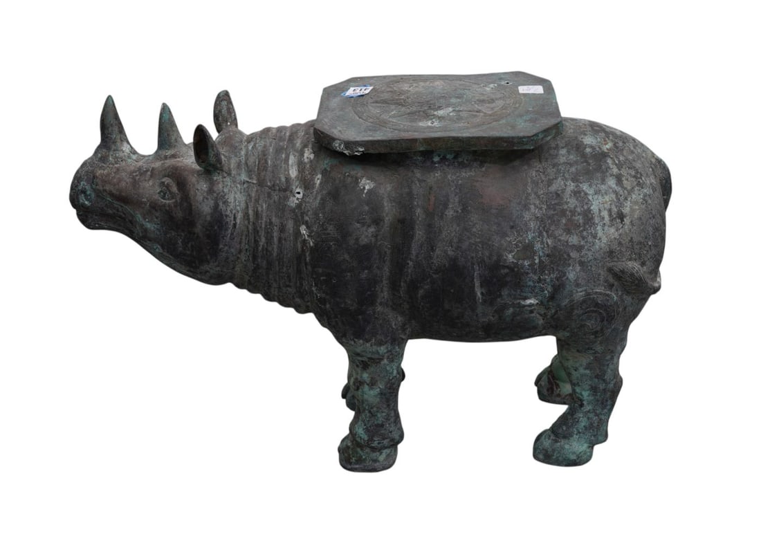Verdigris Metal Standing Rhinoceros Garden Seat, 17"h x 26"w x 10"d: Verdigris Metal Standing Rhinoceros Garden Seat, 17"h x 26"w x 10"d