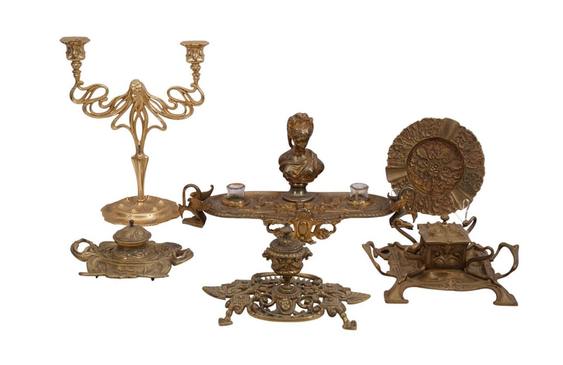 Lot of Assorted Brass, Antique Inkwells, 3 with Art Nouveau Motif, Double Branch Candelabra (13"h x (1 of 13)