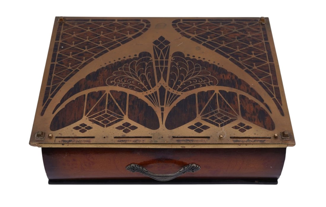 Art Nouveau Letter Box, Single Drawer With Brass Overlay Design with Felt Liner, 3"H x 11 1/2"w x (1 of 9)