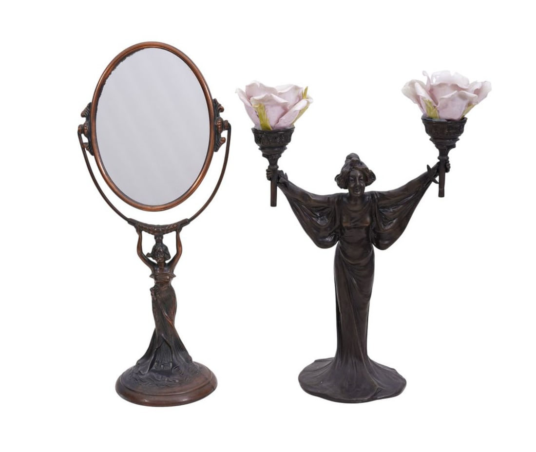 2 Bronze Art Nouveau Style Figures, Double Branch Figural Electric Lamp: 2 Bronze Art Nouveau Style Figures, Double Branch Figural Electric Lamp Signed E. Villanis (15"H x 9"w) AND Figural Vanity Mirror (18"h x 8"w)