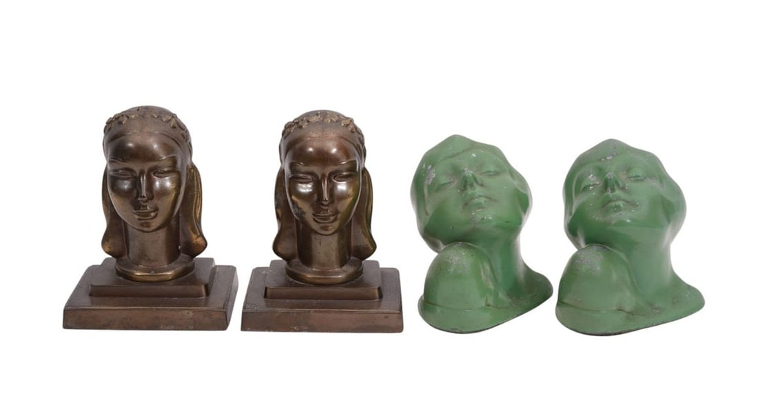 2 Sets Art Deco Heads, One Green Alabaster (5"h x 6"w) AND Spelter on Marble Bases (7"h x 5"w): 2 Sets Art Deco Heads, One Green Alabaster (5"h x 6"w) AND Spelter on Marble Bases (7"h x 5"w)