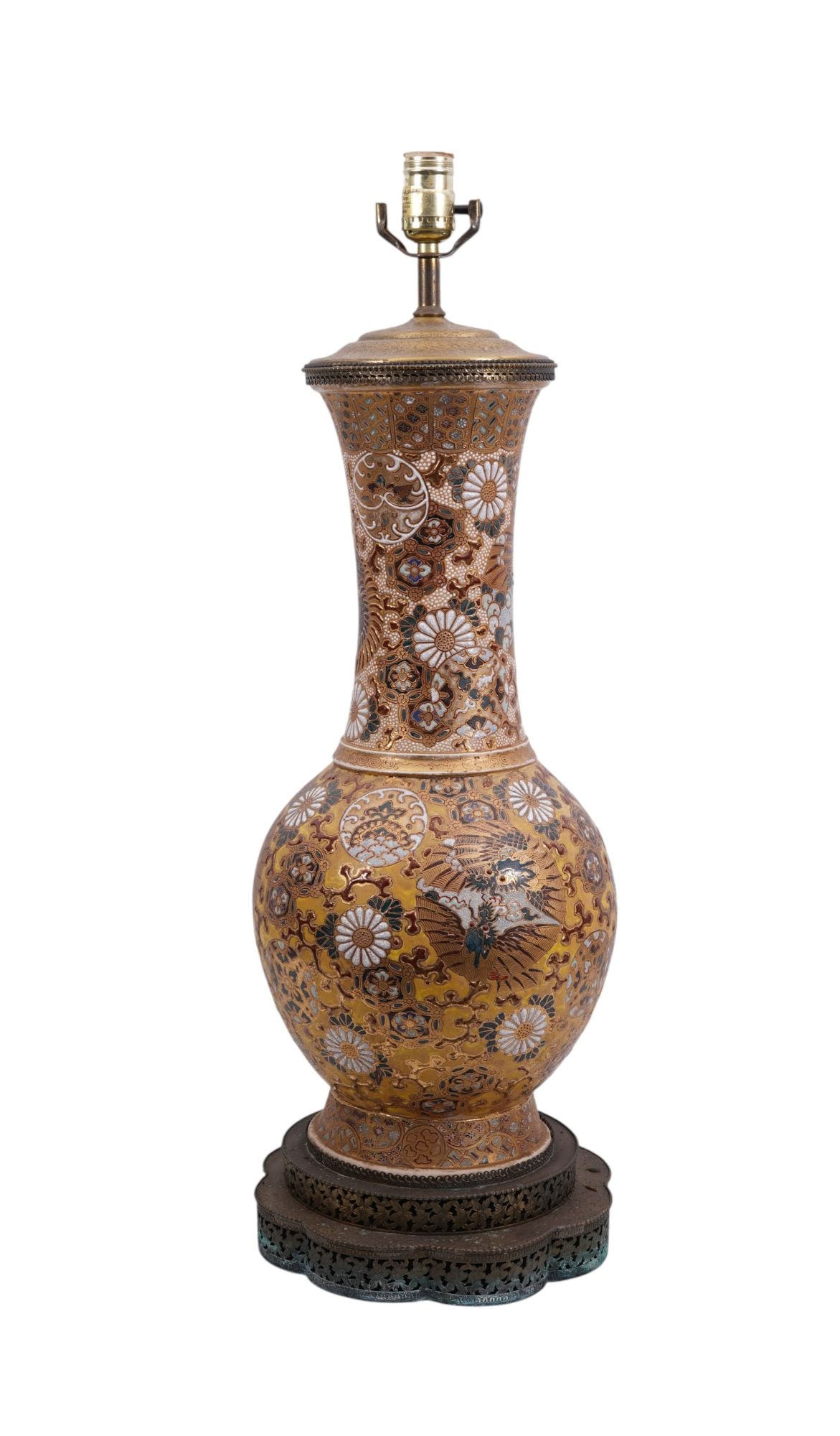 Oversized Porcelain Lamp, Asian Motif with Enameling, Brass Metal Base, 27"h to socket (base is (1 of 7)