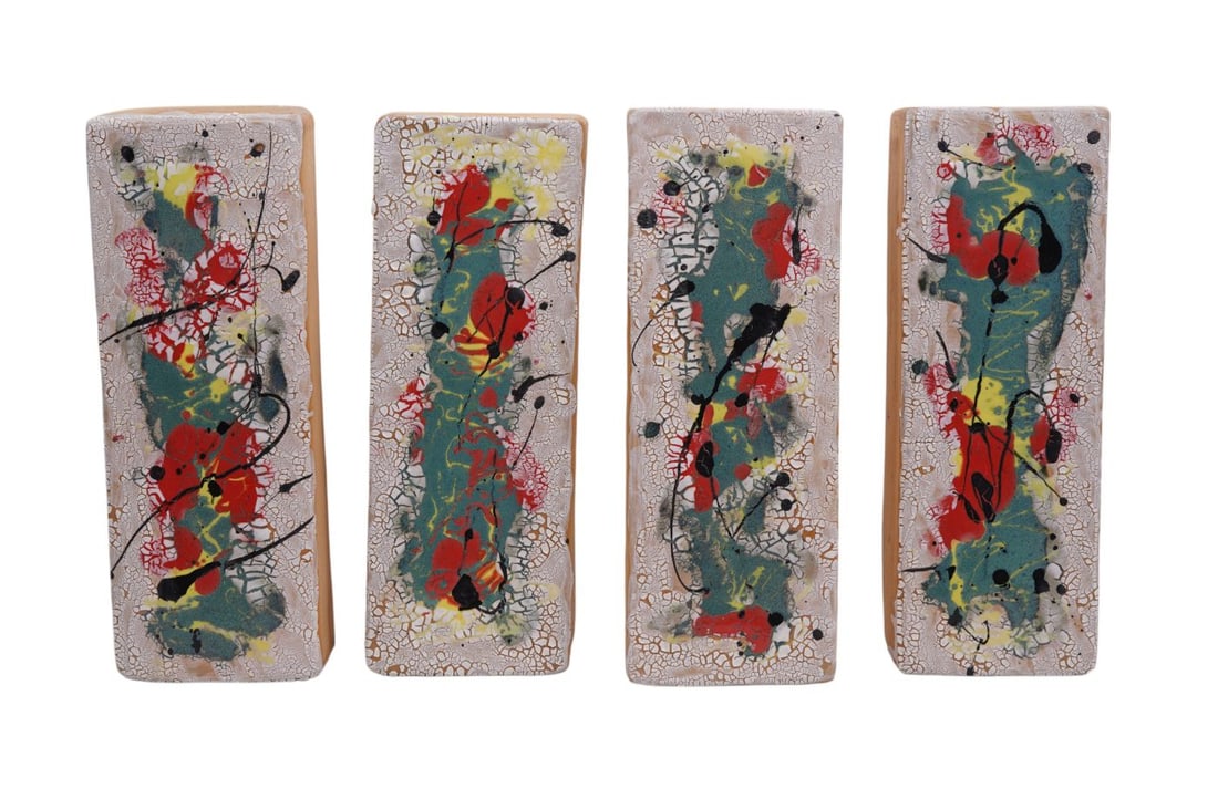 4 Terracotta Blocks, Painted Enamel Abstract Designs, Signed Puncota?, 3"h x 14"w x 5"d (1 of 15)