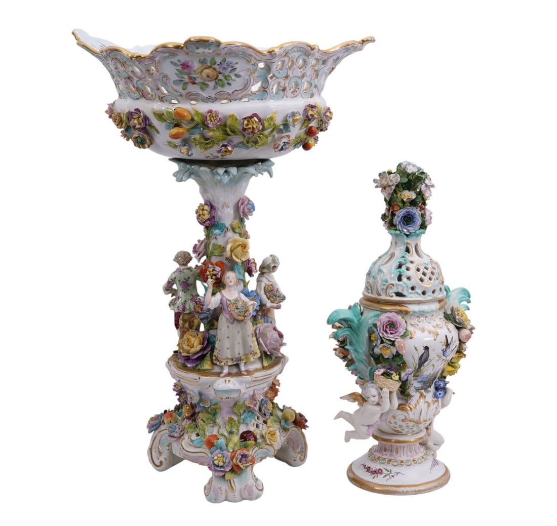2 Dresden Style Porcelain Pcs, Large Centerpiece Bowl Attached to Tree Form Column with Flowers & (1 of 20)