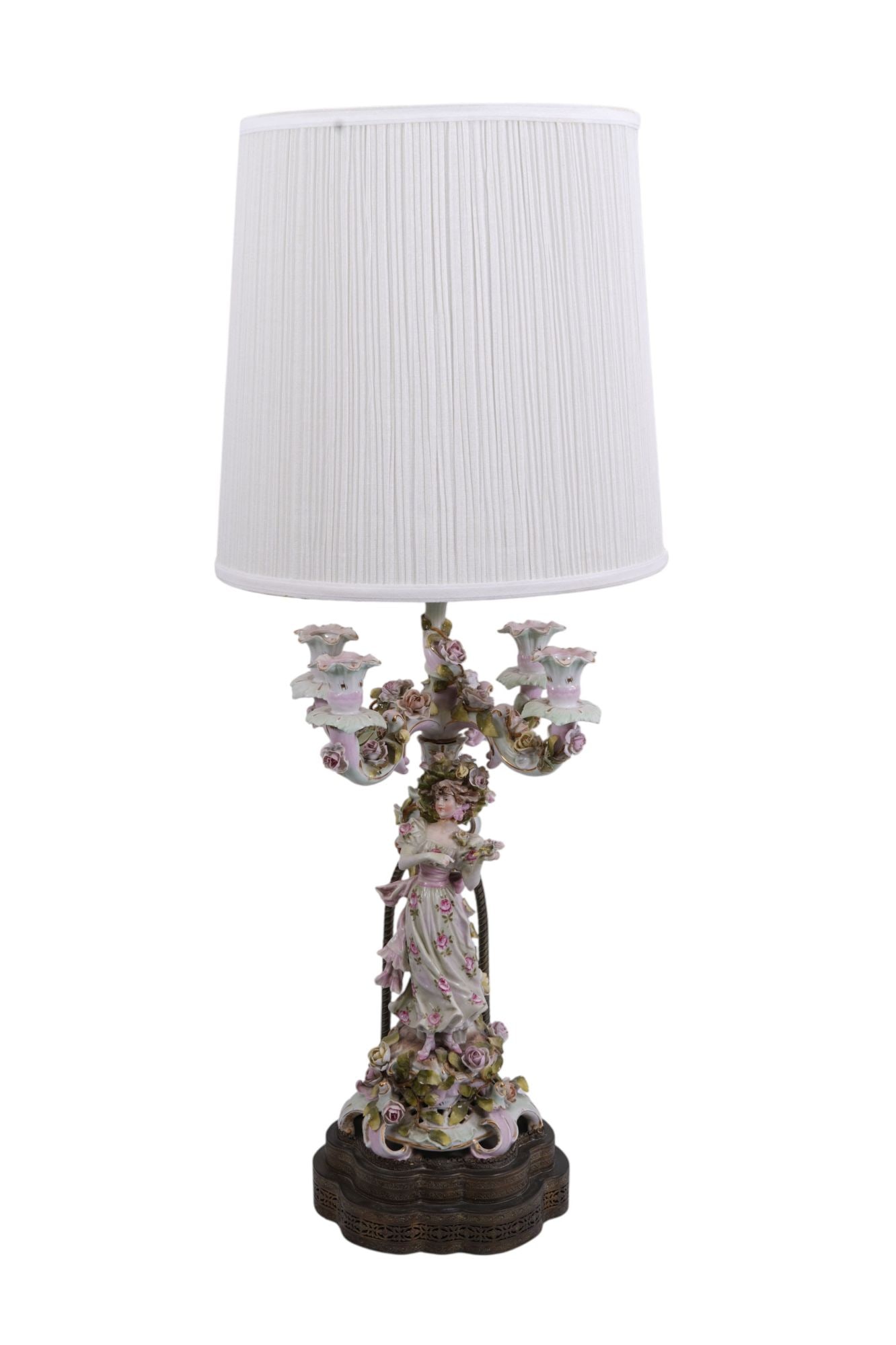Dresden Style Porcelain Figural 4 Branch Candelabra Converted to Lamp, Mounted on Gilt Metal Base, (1 of 13)