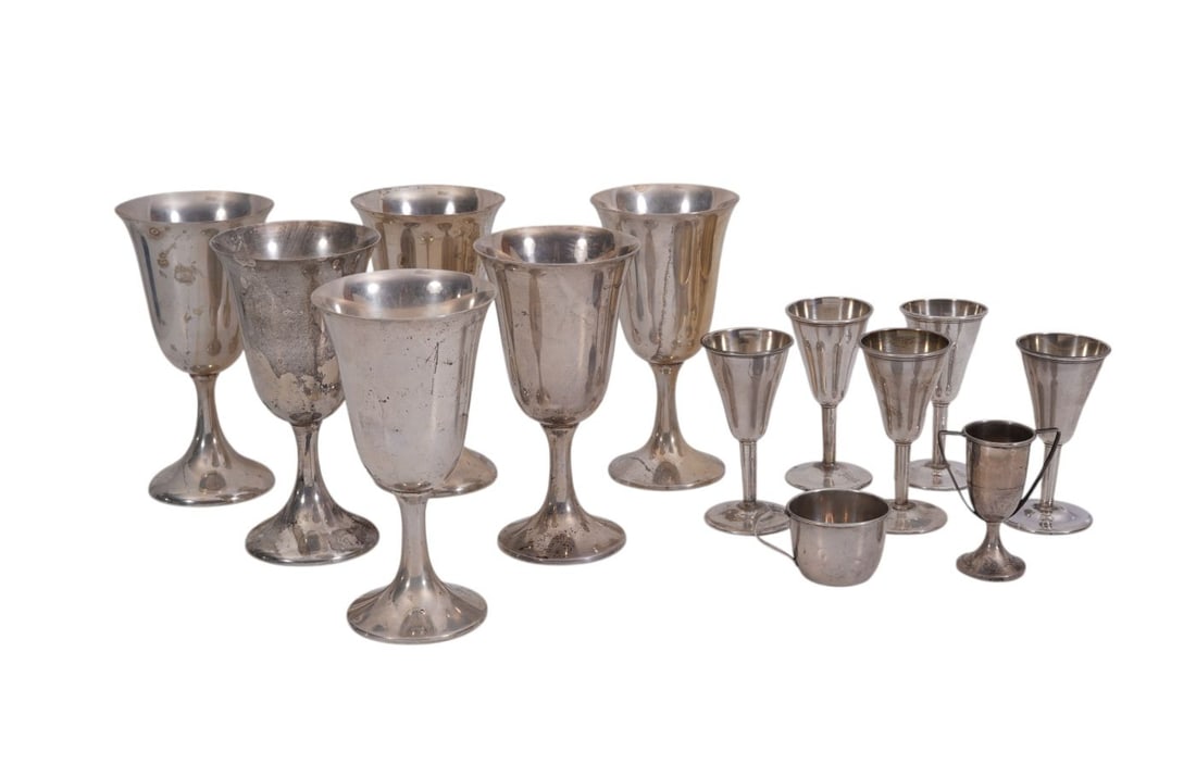 6 Fisher Sterling Silver Goblets, 5 Sterling Silver Cordials & 2 Odd Sterling Pieces, 34 ozt. (1 of 8)