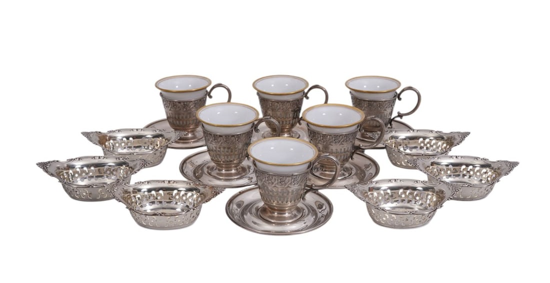 6 Gorham Sterling Silver Reticulated Salts AND 6 Sterling Silver Demitasse Cordials with Porcelain (1 of 6)