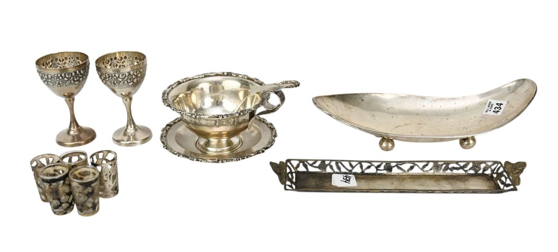 Mexican Sterling Silver Lot, incl; Sauce/Gravy Dish, Liner & Ladle (4"h x 7"w), 2 Sterling Cordials (1 of 6)