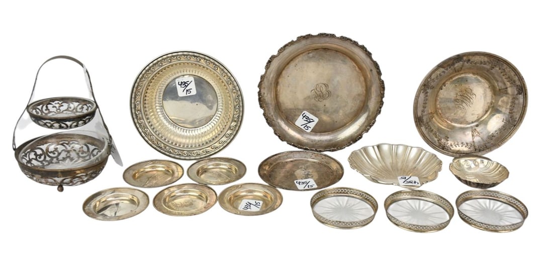15 Sterling Silver Assorted Plates, Bowl, Shell Dishes, Coasters with Glass Liners & "Made For (1 of 4)