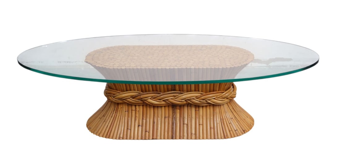 McGuire Coffee Table with Glass Top, "Sheath of Wheat" Bamboo/Rattan, 18"h x 40"w x 18"d Base, (1 of 5)