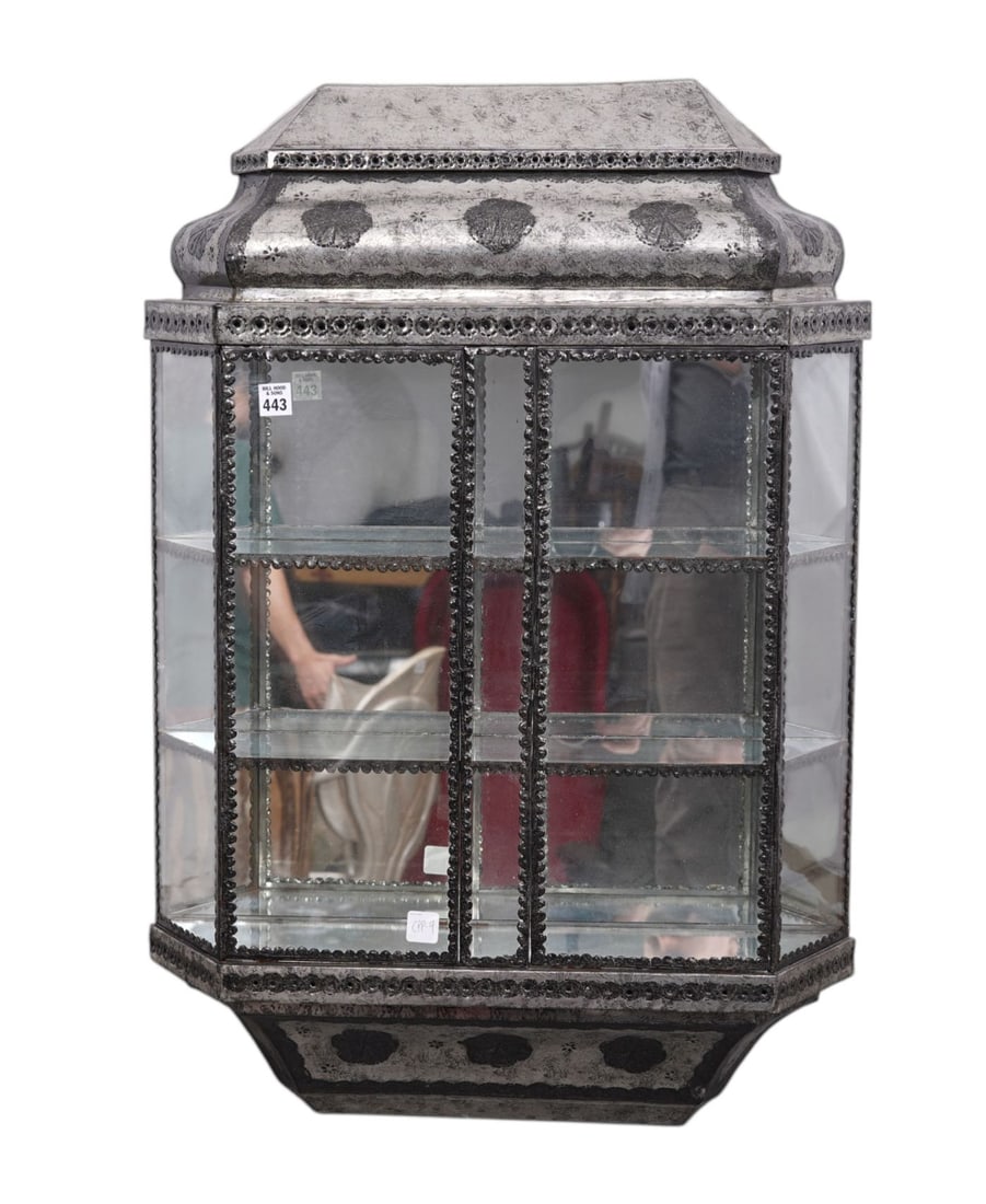 Silvered Metal Hanging Cabinet, 2 Glass Doors & 2 Glass Shelves, 35"h x 22"w x 6"d (1 of 7)