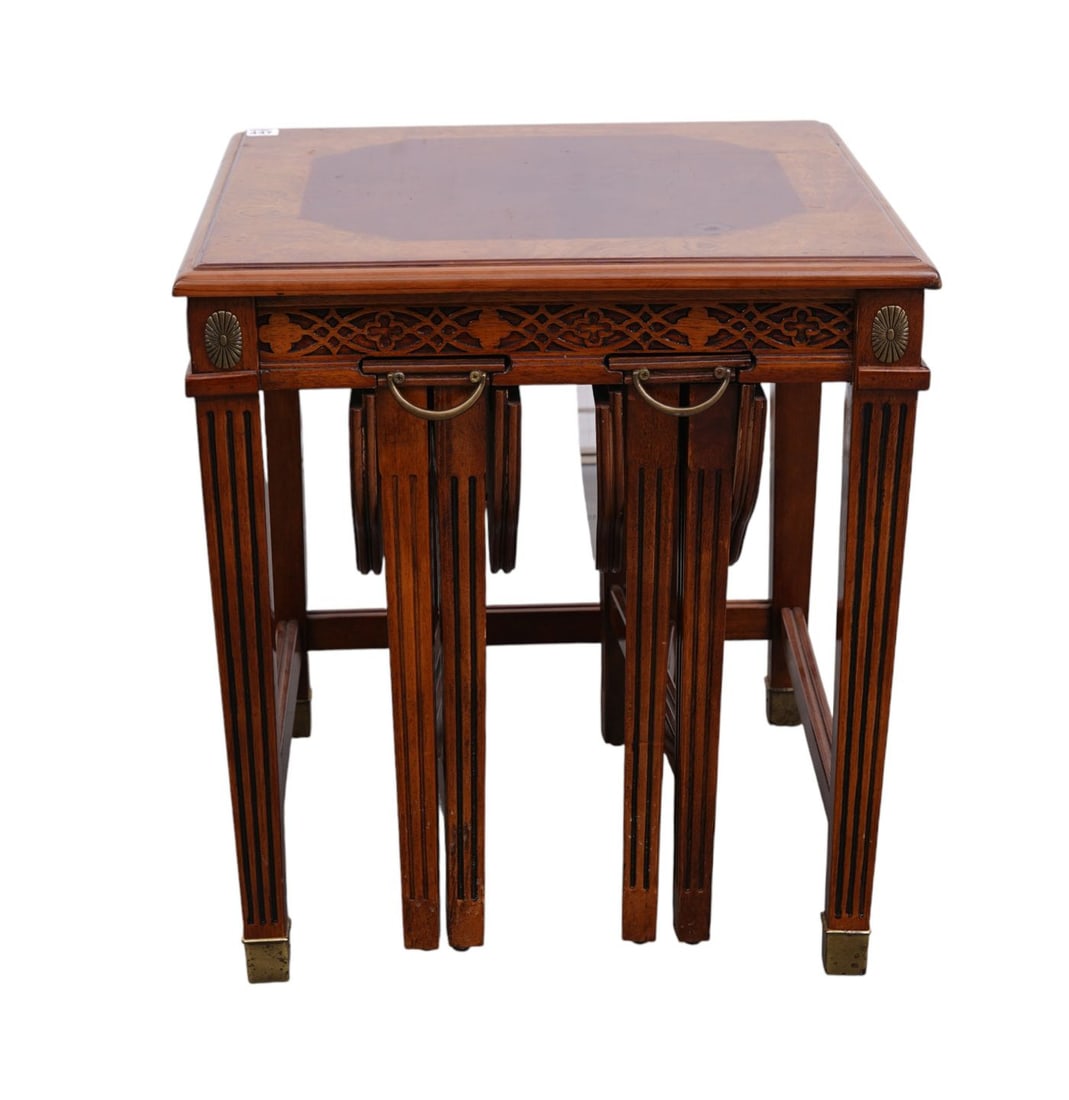 Mahogany Unusual 3pc. Nest of Tables, Asian Motif with Gilt Metal Mounts, 2 Mini Drop Leaf Tables (1 of 5)