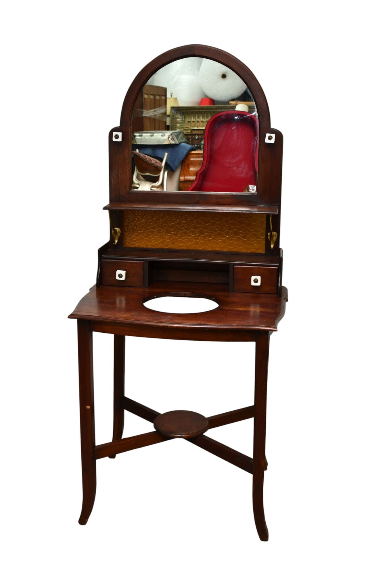 South American Wash Stand With Mirror Above Shelf, Wash Bowl Hole with Amber Glass Back Splash, (1 of 4)