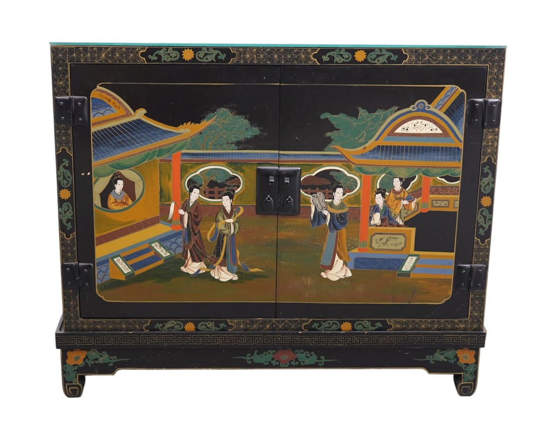 2 Pc. Oriental Motif Cabinet With 2 Doors On Stand, 30"h x 35"w x 19"d (1 of 4)