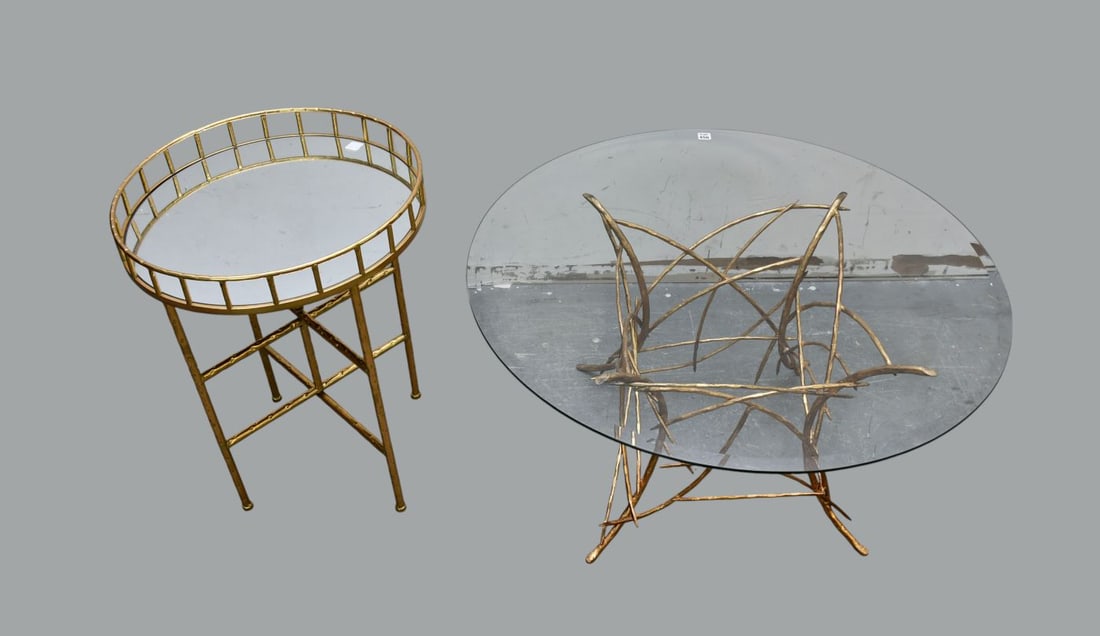 2 Hollywood Regency Style Gilt Metal Occasional Tables, Coffee Table (18 1/2"h x 36"dia) & Round (1 of 4)