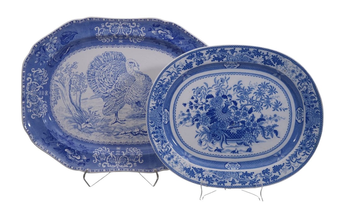 2 Ironstone Platters, Blue & White, One Copeland Spode England Turkey Platter (1 3/4"h x 22 1/2"L) (1 of 10)