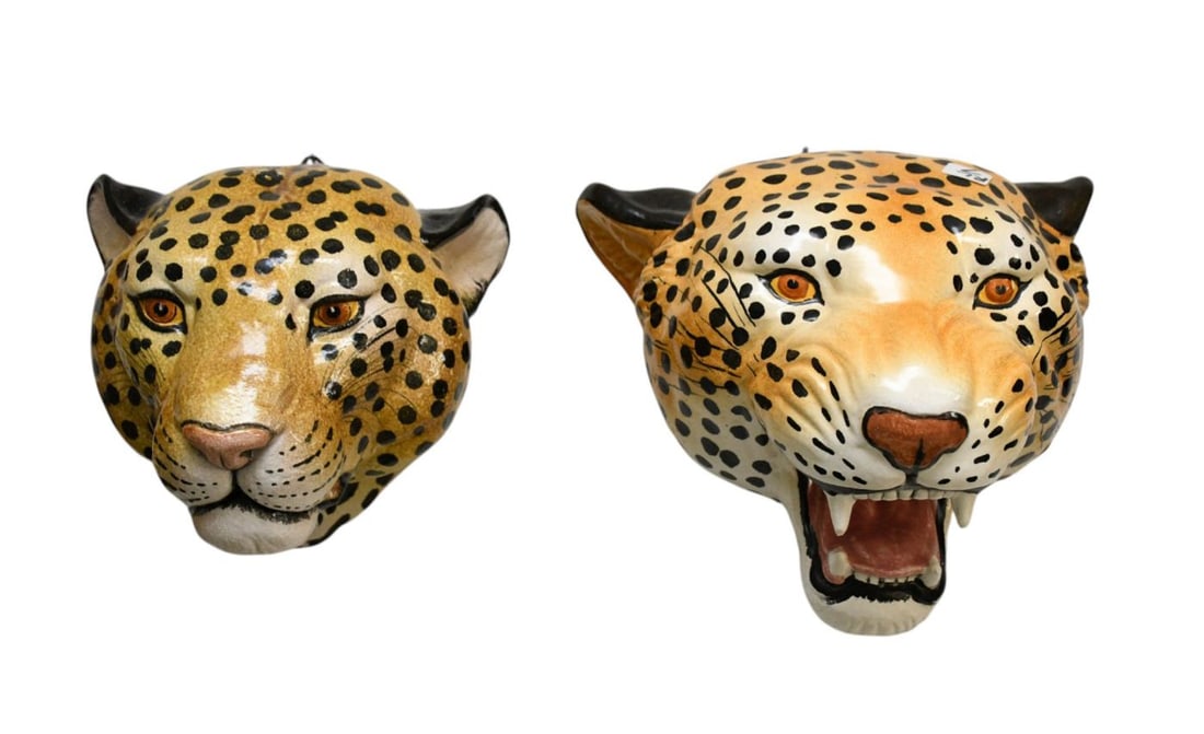 2 Italian Vintage Hand painted Ceramic Leopard Head Wall Sculptures, Approx. 11"h x 12"w x 11"d &: 2 Italian Vintage Hand painted Ceramic Leopard Head Wall Sculptures, Approx. 11"h x 12"w x 11"d & 10"h x 10"w x 10"d