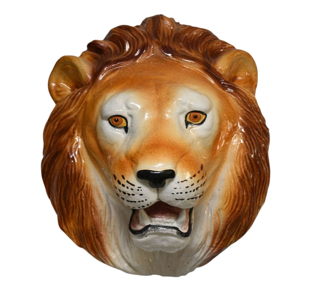 Vintage Italian Hand painted Ceramic Lion Head Wall Sculpture, 17"H x 15"w x 10"d (1 of 2)
