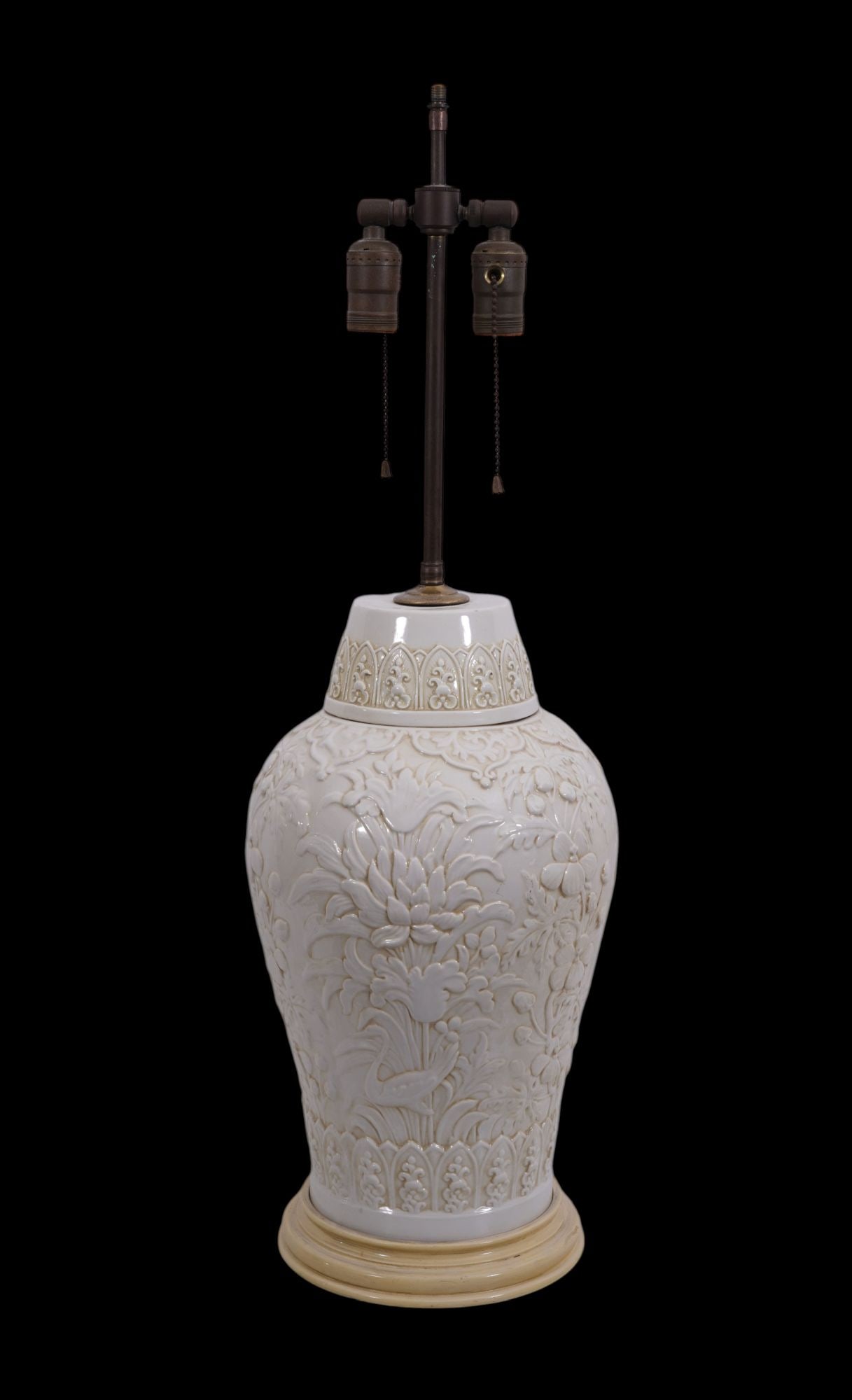 Chinoiserie White Porcelain Floral & Bird Relief Table Lamp, 30"h top & 18"dia shade (1 of 6)