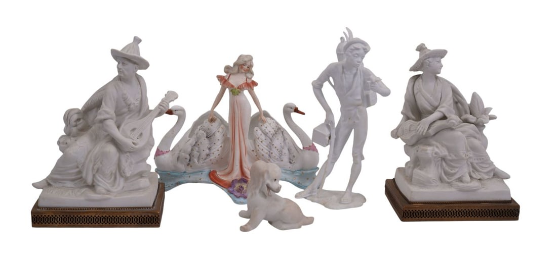 5 Bisque Figurines, Merchant, Pair Asian Style Bookends, Swans Centerpiece with Figure and Dog (9"h (1 of 12)