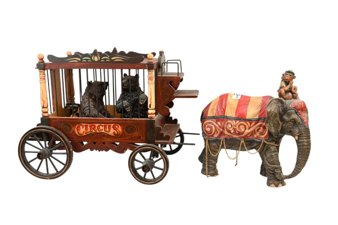 Circus wagon with bears in cage. 23 x 16 inches sold with Composition Elephant with Monkey. (1 of 7)
