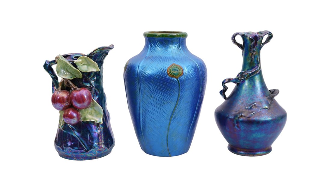 3 Art Glass Style Tableware's, One Blue Iridescent Vase, 9"h x 6"w (1 of 11)