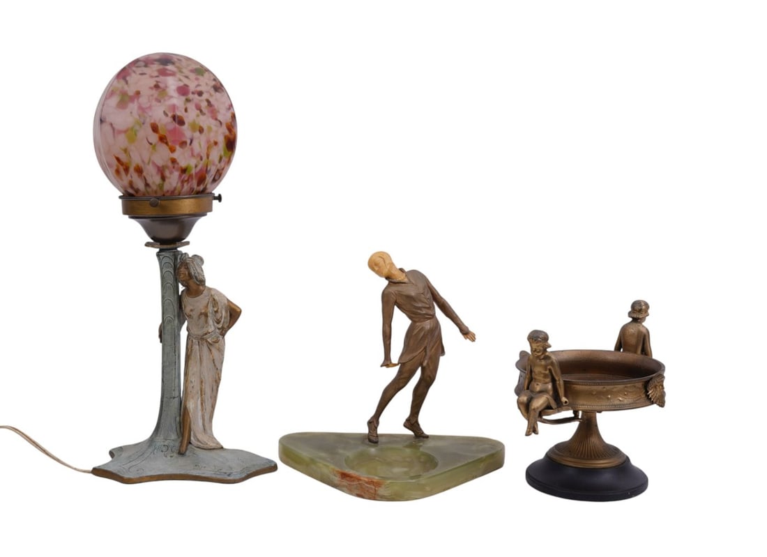 Gilt Metal Figural Tazza, Figure on Onyx Base and Figural Deco Female Lamp (17"Tallest, 9"widest) (1 of 14)