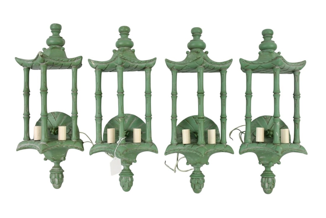 4 Painted Wood Decorative "Pagoda" Lanterns, Electrified, 22"h x 9"w: 4 Painted Wood Decorative "Pagoda" Lanterns, Electrified, 22"h x 9"w