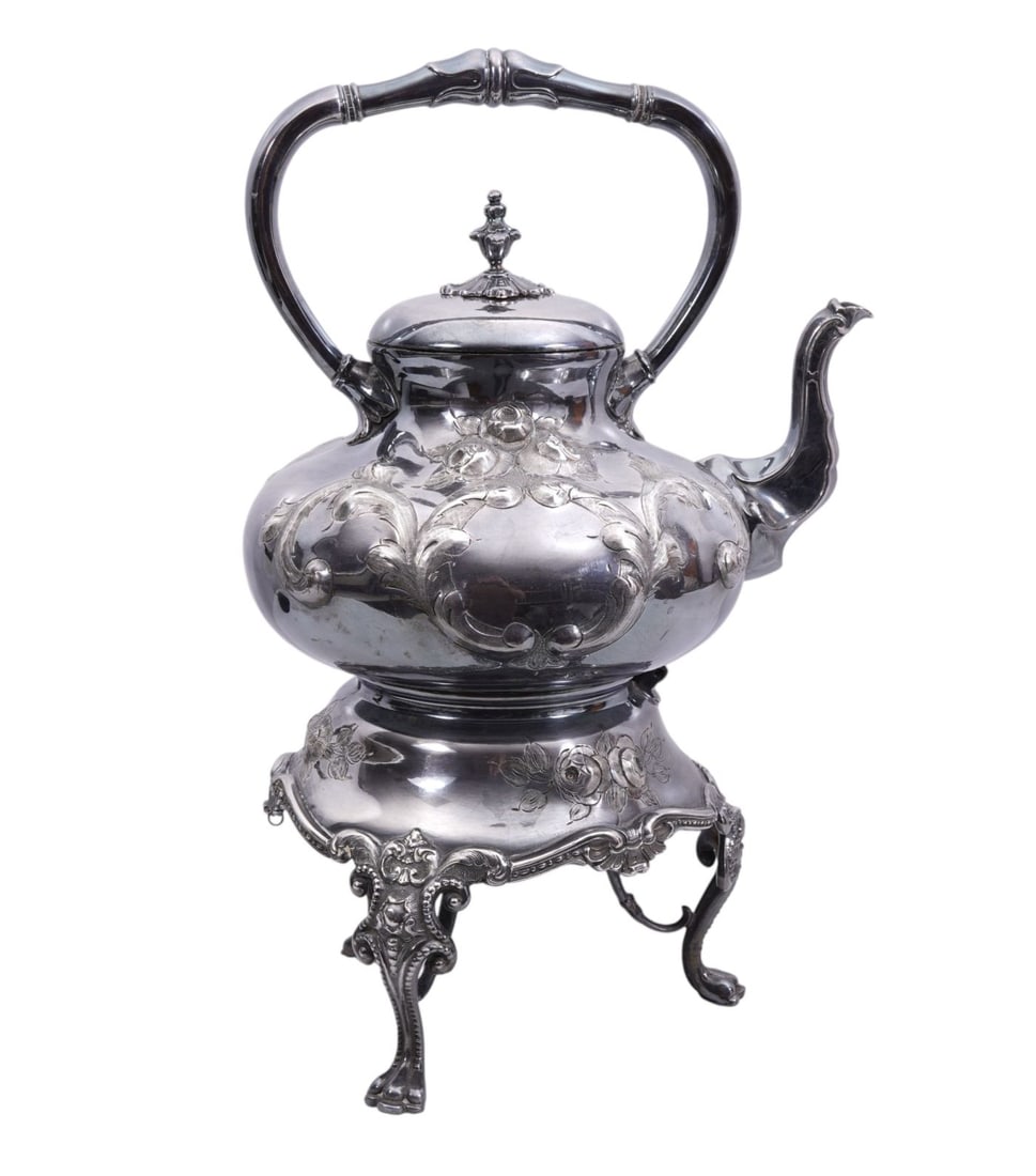 Silverplate Victorian Hot Water Pot & Stand, Leaf Design in Relief, 17"H x 11"w (pins are missing, (1 of 10)