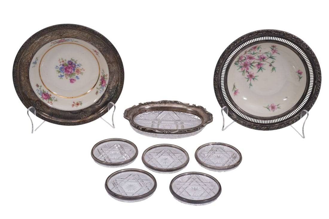5 Crystal Silver Rim Coasters, 1 Crystal Silver Frame Condiment Dish and 2 Silver Frame Lenox Dishes (1 of 12)