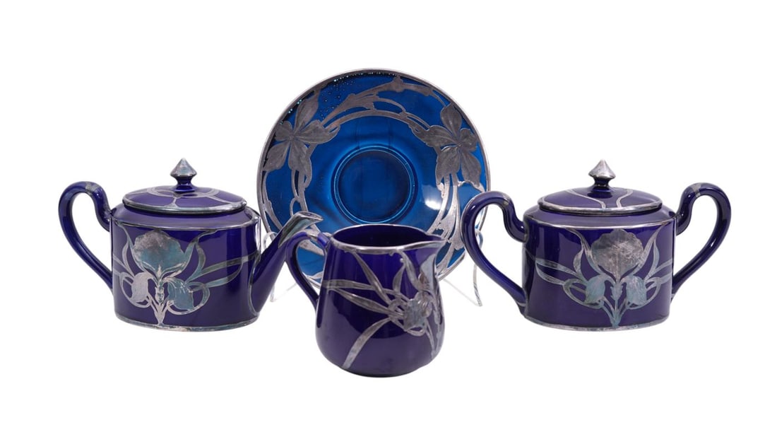 4 Pcs. Art Nouveau Silver Overlay, 3 Pc. Porcelain Tea Set with One Glass Dish: 4 Pcs. Art Nouveau Silver Overlay, 3 Pc. Porcelain Tea Set with One Glass Dish