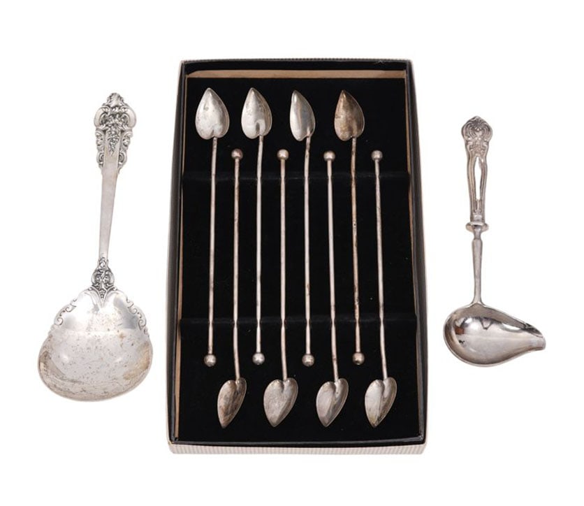 Mixed Sterling Silver Flatware Lot. Wallace serving spoon, Gravy spoon sterling handle and 8 Raimond (1 of 6)