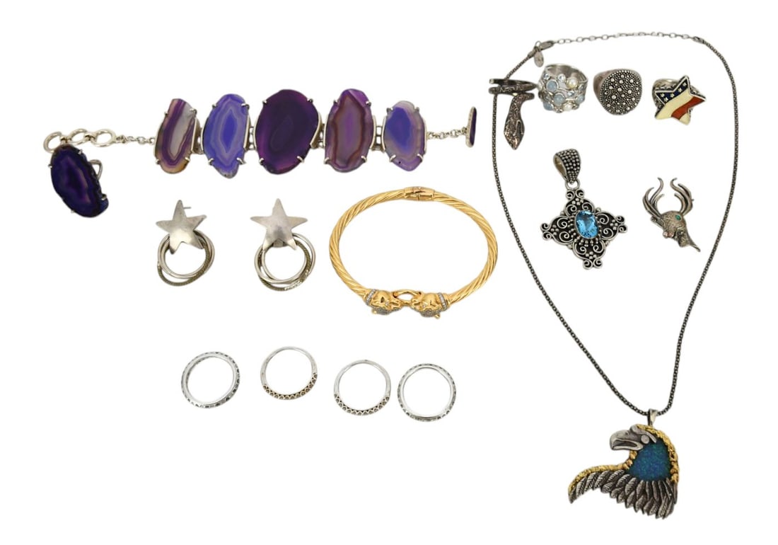 Sterling Silver Jewelry Lot. Rings size 8 - 9.5, Bracelets 8", Pendants 1.5" - 2" , Earrings 1.75". (1 of 6)