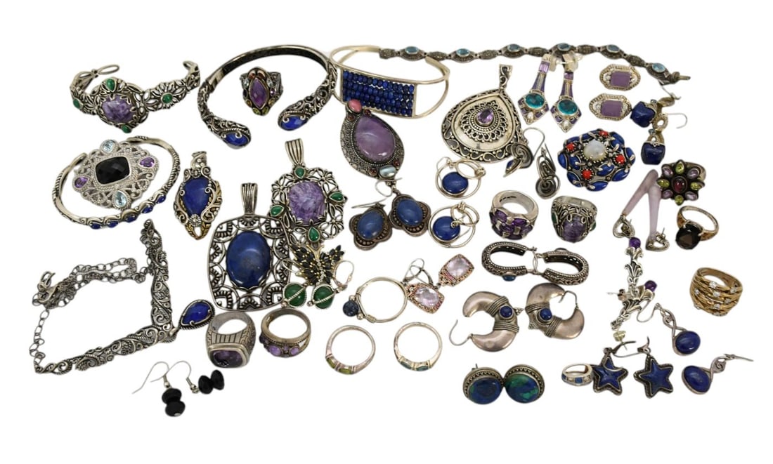 Sterling Silver jewelry Lot. Wt. 19.2 ozts Amethyst, Jade, Lapes. Rings size 6 - 12, Bracelets 6" (1 of 7)
