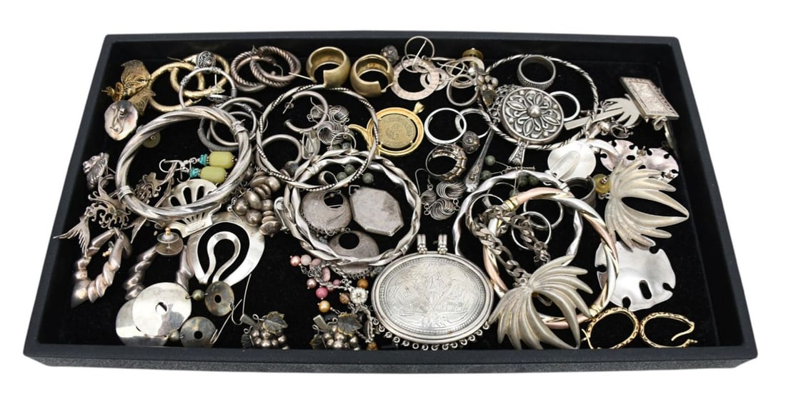 Sterling Silver Jewelry Lot. Wt. 24.7 ozts Bracelets inner circumerference 7.5 - 8" , Rings size 8 - (1 of 6)