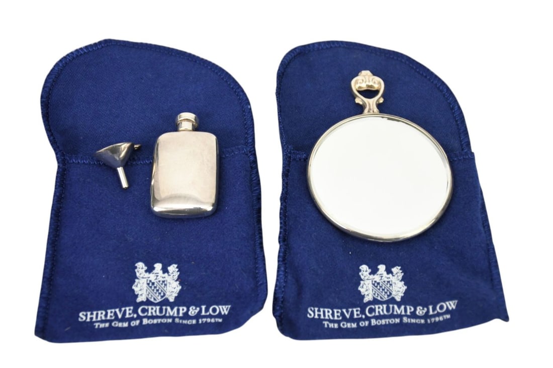 Sterling Silver Mirror & Mini Flask. Flask 1.75" x 1". Mirror 3" x 2 1/8": Sterling Silver Mirror & Mini Flask. Flask 1.75" x 1". Mirror 3" x 2 1/8"