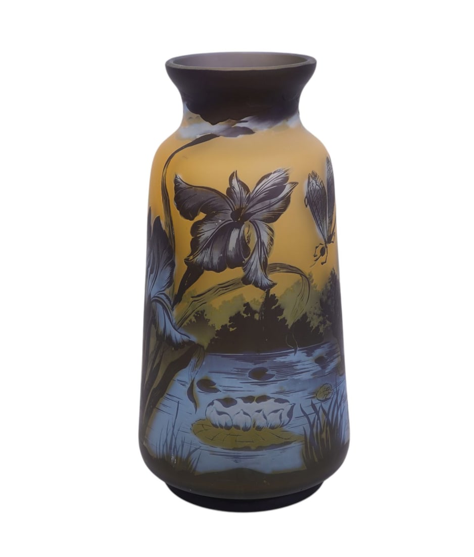 Galle Cameo Art Glass Vase, Dragon Fly & Iris Motif on Yellow Ground with Blue Accents, 12"h x 6"dia (1 of 10)