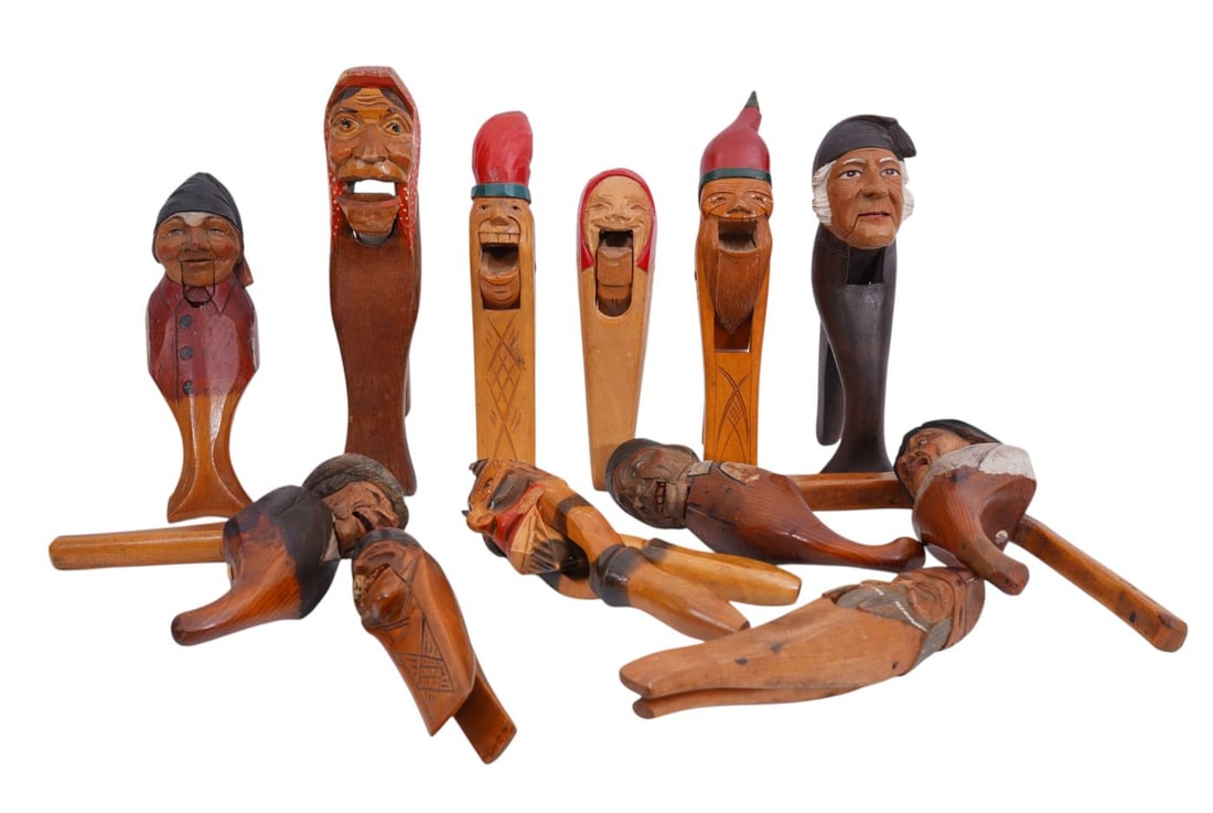 12 Assorted Carved Painted Wood Figural Vintage Nutcrackers, C. 1900, 10"h tallest: 12 Assorted Carved Painted Wood Figural Vintage Nutcrackers, C. 1900, 10"h tallest