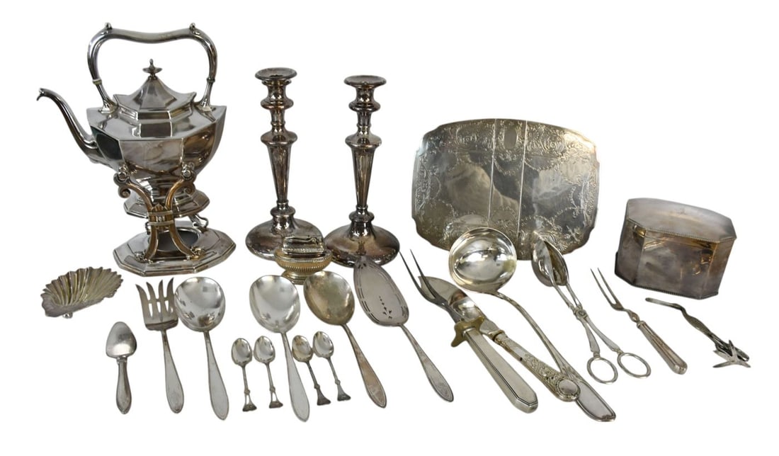 Silver plate vintage hollow ware and flatware: kettle on stand, Tea caddy, pr candle sticks, trivet, (1 of 8)