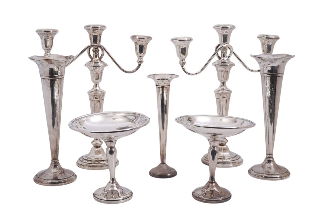 Lot of Sterling Silver, 3 Sterling Silver Weighted Bud Vases, 2 Sterling Silver Weighted Compotes (1 of 15)