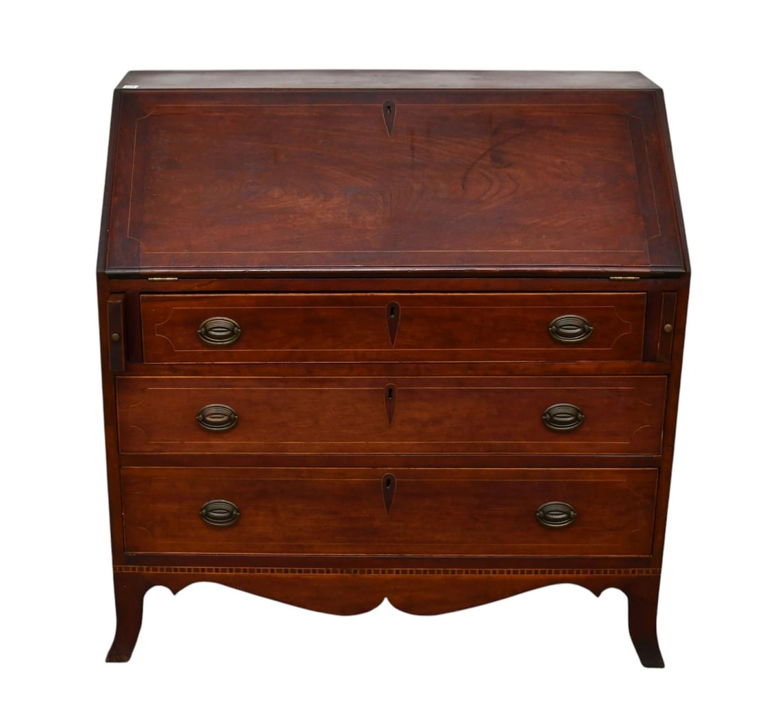 American Mahogany 19th c. Slant Front Desk, String Inlay with Fitted Interior over 3 Graduated (1 of 11)