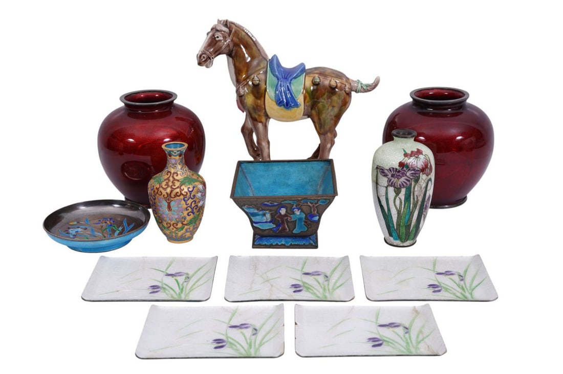 Lot of Cloisonne, Pottery Horse & Enamel Vases (Horse 8"h x 8 1/2"w) (1 of 20)