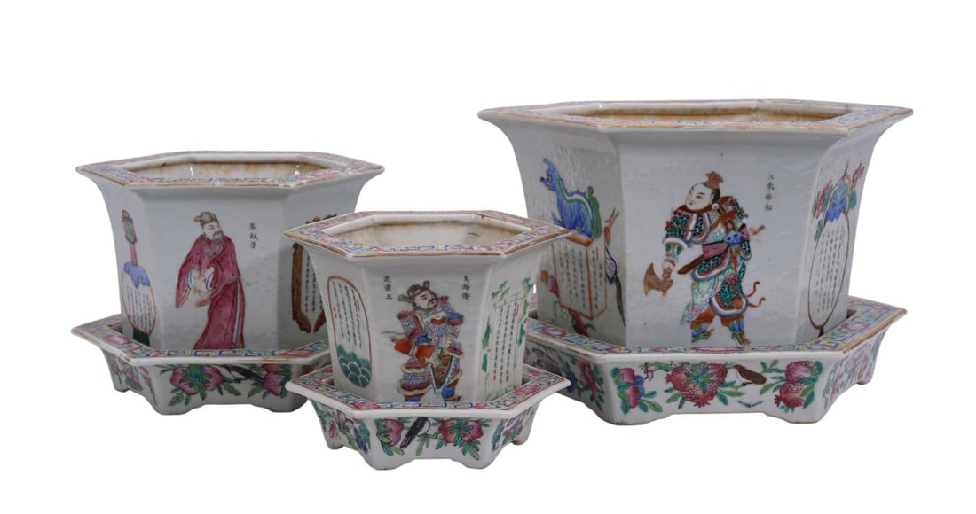 3 Chinese Graduated Cachepots, Each Has 6 Sides & Liners, 7 1/2"h x 9 1/2"dia: 3 Chinese Graduated Cachepots, Each Has 6 Sides & Liners, 7 1/2"h x 9 1/2"dia