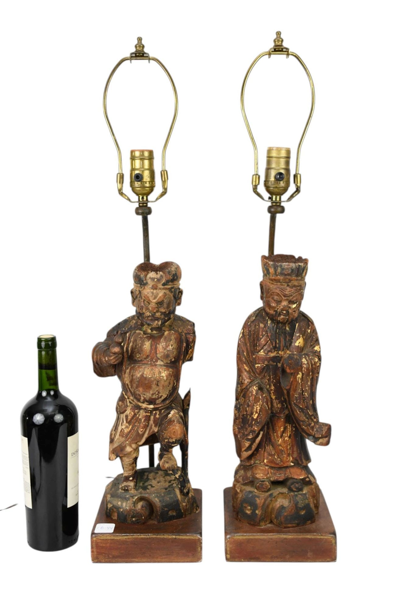 2 Antique Japanese Carved Figures Converted to Lamps, 18th c, One Warrior & One Elder (Very Worn & (1 of 7)