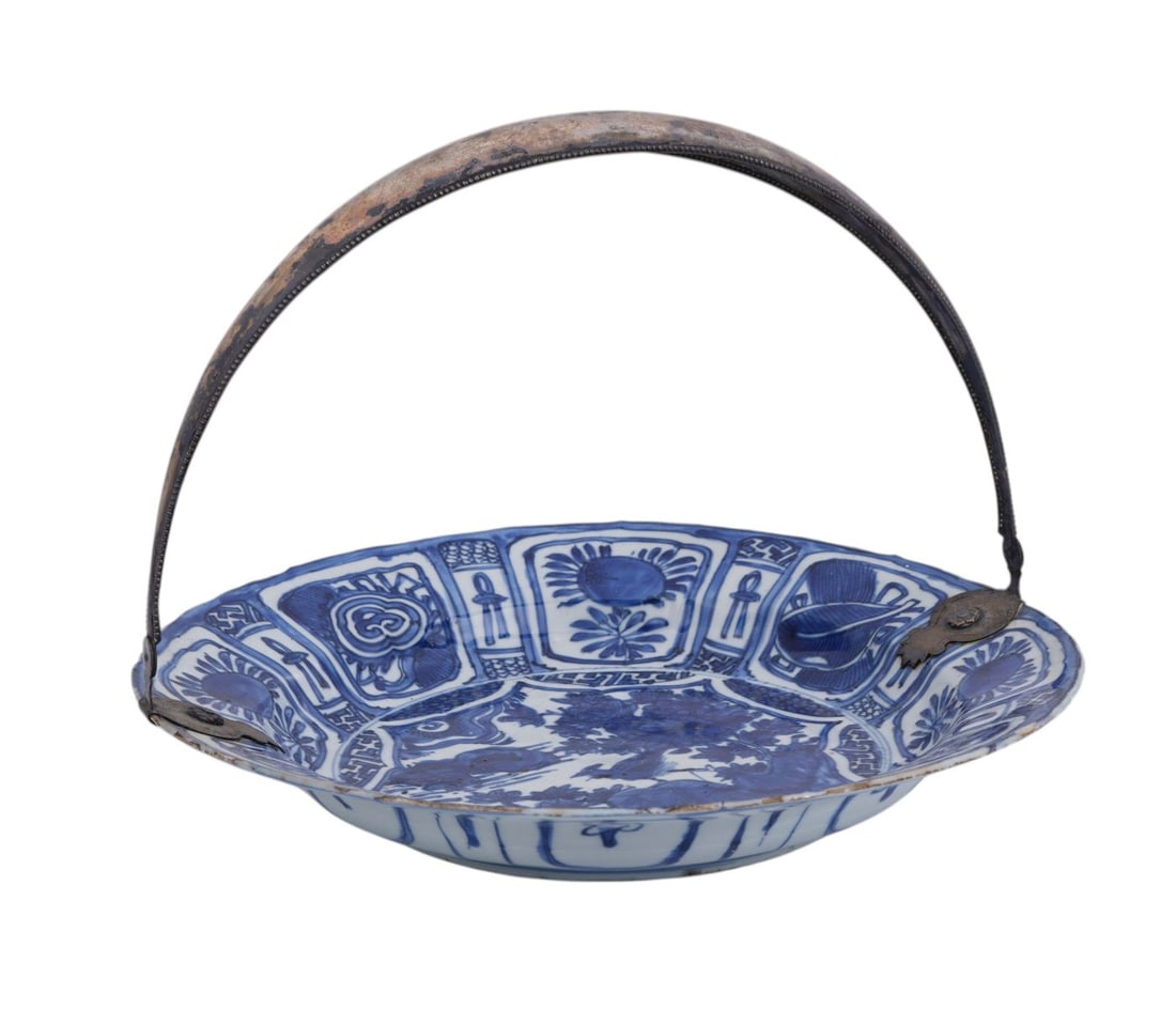 Antique Chinese Blue On White Bowl With Silver Bale Handle, Porcelain extremely thin and fine, with: Antique Chinese Blue On White Bowl With Silver Bale Handle, Porcelain extremely thin and fine, with some roughage to rim, 2"h x 11 1/4"dia