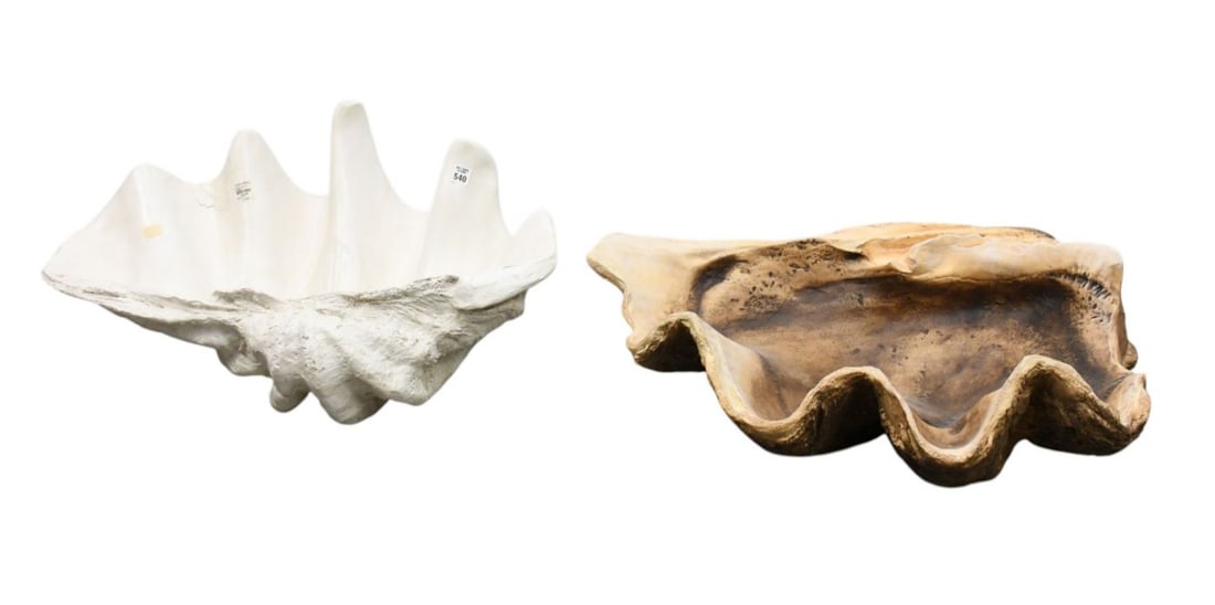 Two large Faux Seashells Gigas tridacna (Giant Clam) One made by restoration hardware and one made: Two large Faux Seashells Gigas tridacna (Giant Clam) One made by restoration hardware and one made by Z Gallerie 16" high x 28" wide x 18" deep